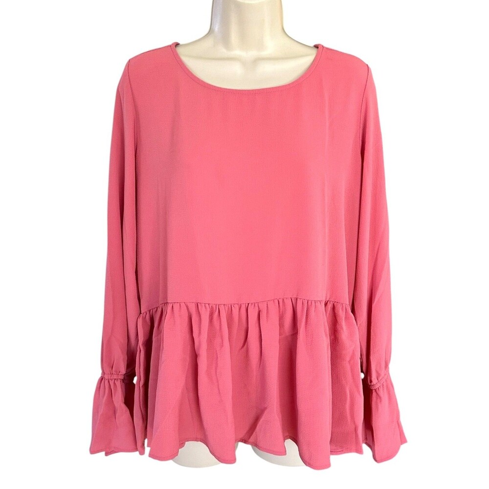 Bobeau Women's Peplum Blouse Top Long Sleeve Ruffle Hem Size M Rose Pink